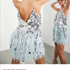 ASOS Paillette sequin mini dress with feather hem in silver and blue